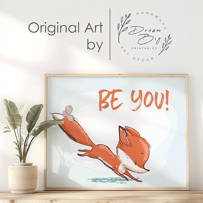 Fox Wall Art Prints (Set of 3) - Unframed - 8x10s | Woodland Nursery Decor - Inspirational Quotes for Boys and Girls Room - Be Kind, Be Brave, Be You - Kids Positive Affirmations