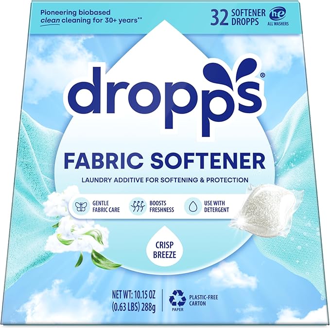 Dropps Laundry Fabric Softener Pods, Crisp Breeze (32 Pods) - Laundry Additive for Softening & Protection - HE Compatible Mineral Based Ingredients Laundry Supplies