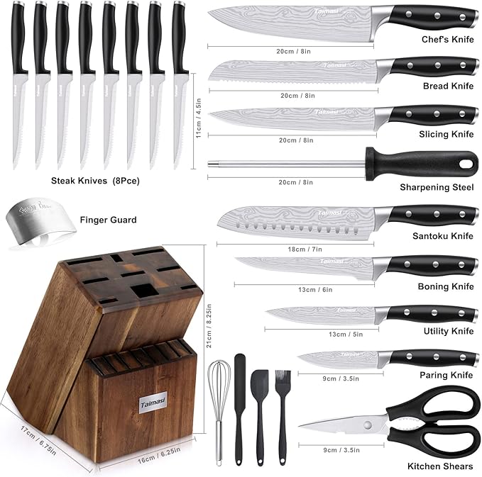 Knife set, 23 Pcs Kitchen Knife Set with Block and Sharpener Rod, High Carbon Stainless Steel Chef knife set for kitchen, Ultra Sharp, Full-Tang Design