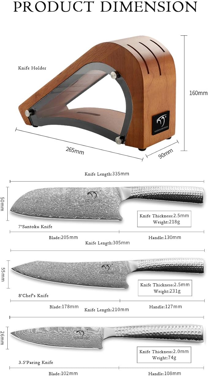Damascus Steel Knife Set With Block - 3-Piece Kitchen Set Includes Chef, Santoku, Paring Knife - Stain & Rust Resistant