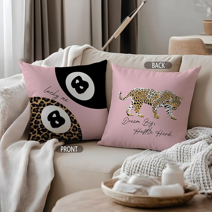 Preppy Pink Lucky 8 Ball Leopard Throw Pillow Covers 18x18, Cheetah Print Room Decor, Trendy Funky Y2K Leopard Print Motivational Decorative Pillow Covers for Girls Room Dorm Apartment