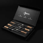 SENKEN Damascus Steak Knife Set - Black Tsunami Collection - 67-Layer Japanese VG10 Steel - Razor Sharp Non-Serrated Blades, Black Resin & Burl Wood Handles, Luxury Gift Box