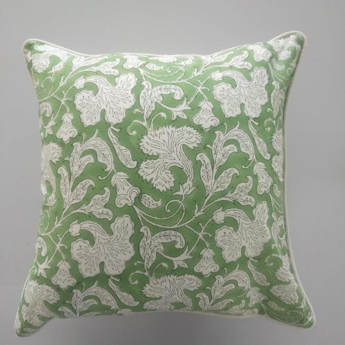 Ridhi Sage Green Block Print Canvas Cotton Throw Pillow Covers for Decorative Couch Pillows for Living Room, Chic Boho Cute Outdoor Thanksgiving Pillows Covers Gifts 20x20 Inches