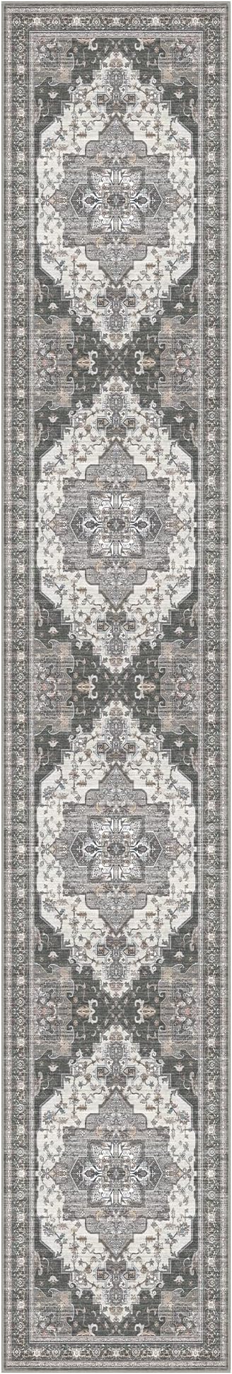 GENIMO 2X12 Hallway Runner Rug, Machine Washable Non Slip Vintage Floral Patchwork Runners, Thin Low Pile Chenille Carpet Runners for Entryway, Kitchen, Bathroom, Bedroom, Slate Gray