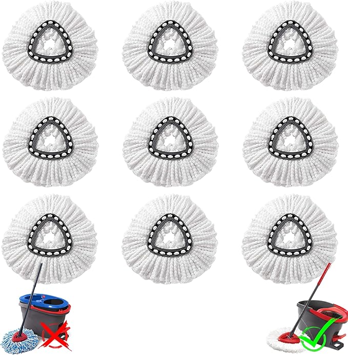 9Pcs Spin Mop Replacement Heads, White Large 360° Easy Wring Spin Mop Head 100% Microfiber Refill, Easy Cleaning Spin Mop Head, Deep Clean, Machine Washable for Easy House Cleaning Floor Mopping
