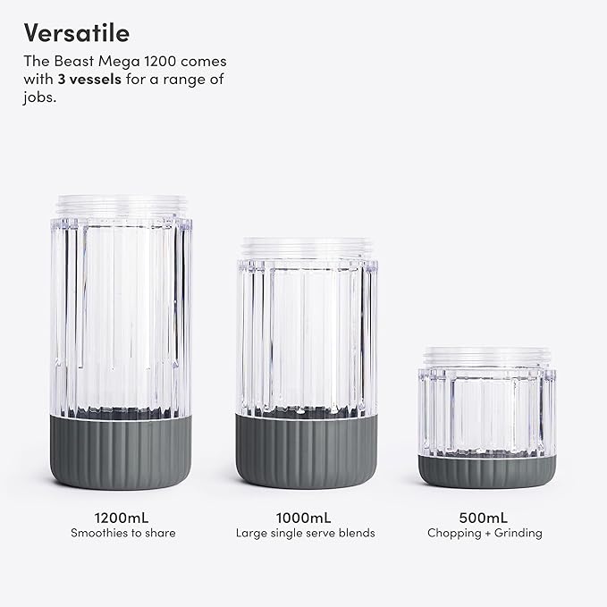 Beast Mega 1200 Plus | Premium Countertop Blender | Smoothies, Shakes, Sauces, Dips, Soups | Blends Ice and Frozen Fruit | XL Vessel | With Extra Vessels, Straw System | (Charcoal, 120V)