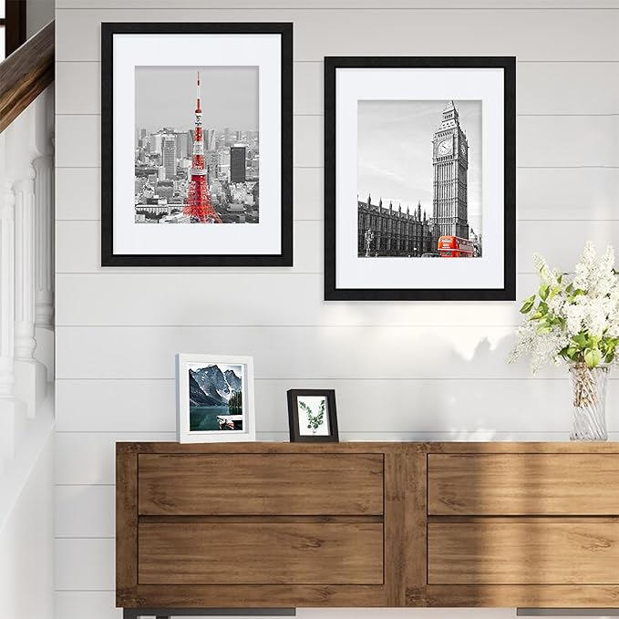 11x14 Picture Frames set of 3, Made of Glass and Black Wooden Photo frame - Displays 8x10 Picture with Mat or 11 x 14 Poster without Mat, Wall Collage Frame set