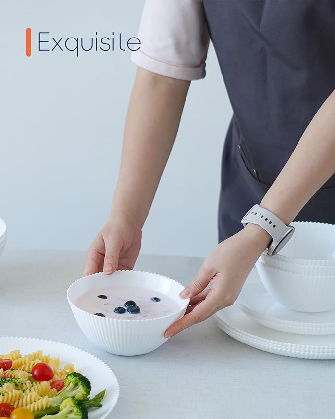 20 OZ Max White Opal Glass Cereal Bowl Set of 6, 6 inch Dishwasher & Microwave Safe Round Ribbed Bowls for Kitchen, Salad, Soup and Rice