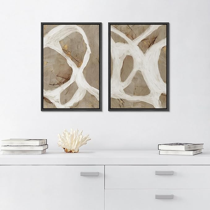 SIGNFORD Framed Canvas Print Wall Art Set Abstract White and Beige Brushstrokes on Neutral Illustrations Modern Art Decorative Bohemian for Living Room, Bedroom, Office - 24"x36"x2 Black