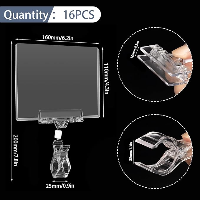 Mlici Clear Rotating Sign Holder with Clip, 16 PC Sign Clips POP Swivel Sign Holding Clamp for Retail Store Office, 4x6 Inch PVC Card Holder Protector for Merchandise Display Tags