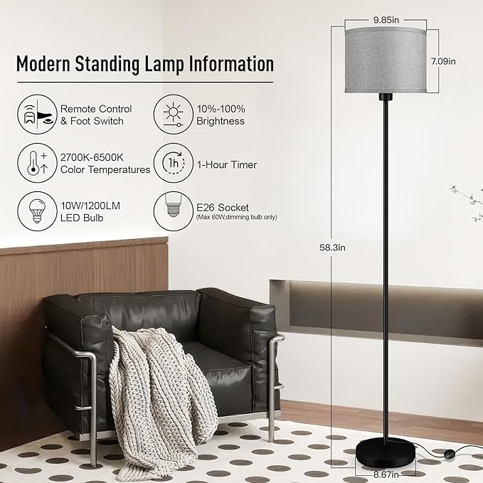 Floor Lamps for Living Room, Stepless Dimmable Floor Lamp with Remote, 2700K-6500K Colors Temperature & Brightness Adjustable,10W/1200LM Gray LED Floor Lamp, Modern Standing Lamp for Bedroom/Office