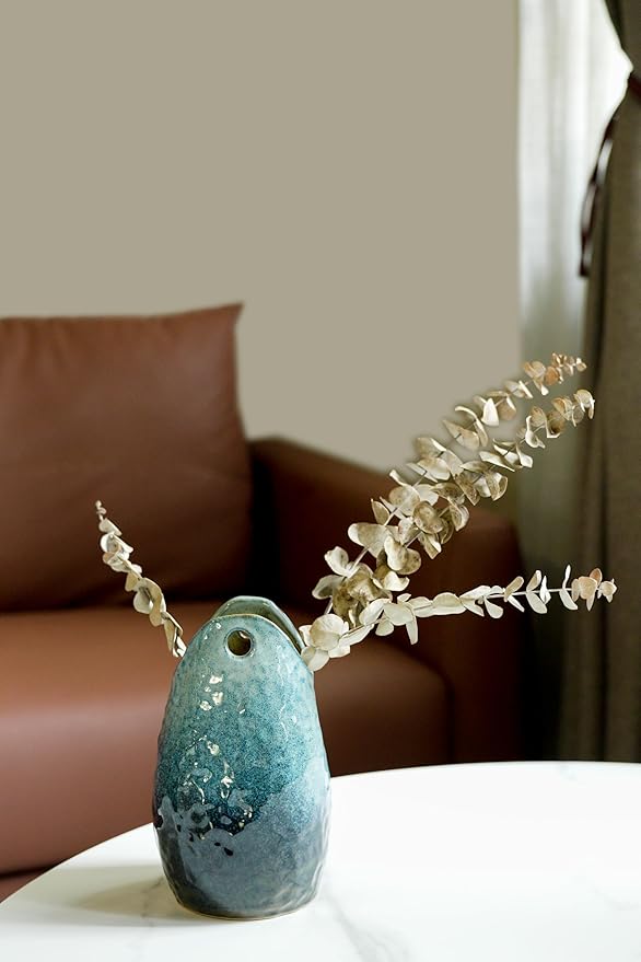 Rustic Pottery Ceramic Vase - Vintage Farmhouse Style Decor, White Grid Ceramic Vases for Home Decor, Modern Farmhouse Decor (Blue)