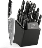 18 Pieces Damascus Kitchen Knife Set, 8 Piece Steak Knives, Non-slip ABS Ergonomic Triple Rivet Handle for Meat Fork, Knife Sharpener and Shears, 17 Slots Wooden Knife Block