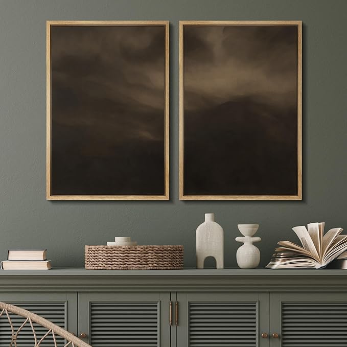 SIGNFORD Framed Canvas Print Wall Art Set Moody Misty Landscape Soft Brown and Gray Hues Illustration Modern Art Decorative Nordic Nature for Living Room, Bedroom, Office - 24"x36"x2 Natural