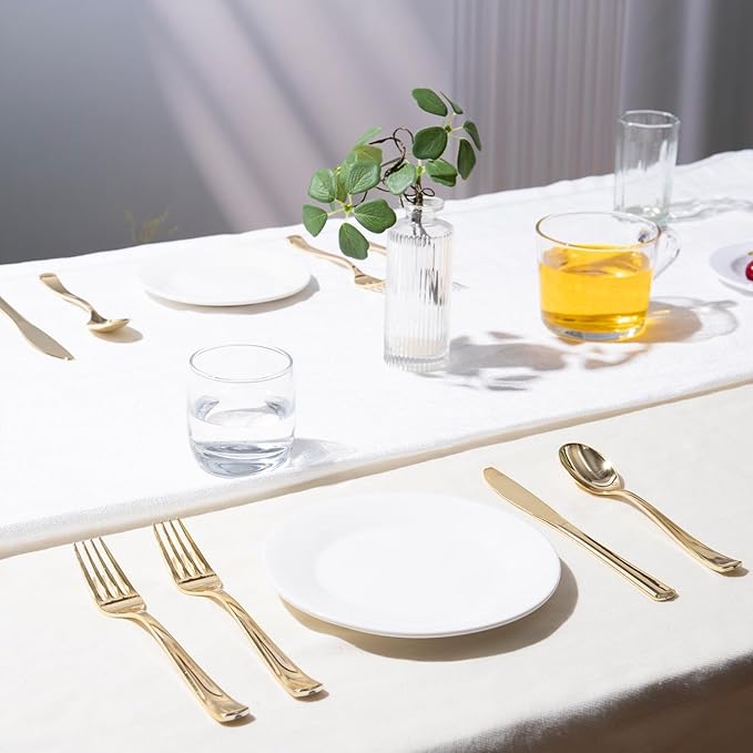 144 Pack Gold Premium Plastic Cutlery Disposable Silverware Set - 48 Forks, 48 Knives, 48 Spoons - For Catering, Parties, Dinners, Weddings, and Everyday Use, Plastic box packaging
