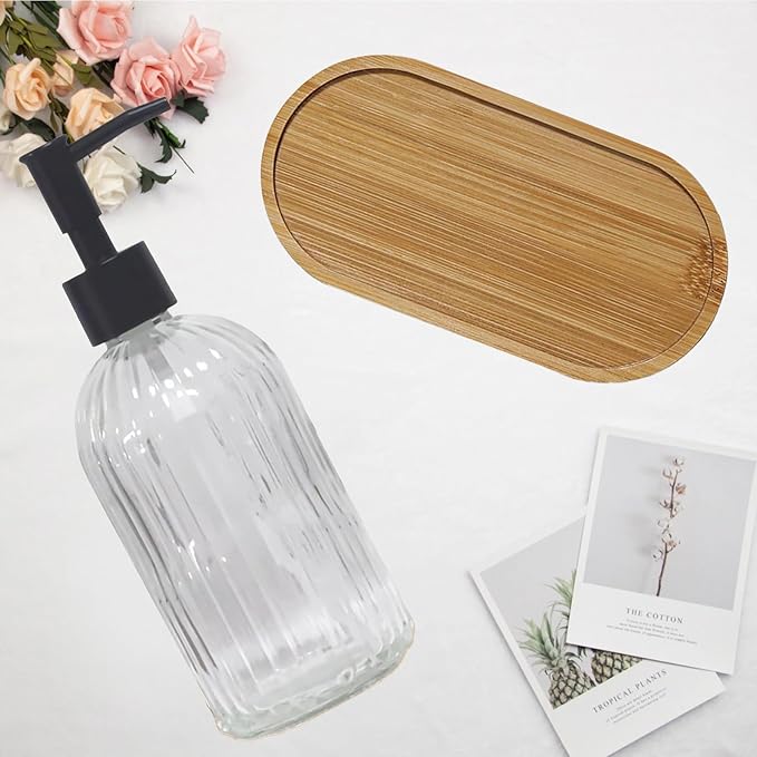 Glass Hand and Dish Soap Dispenser Set of 2 with Plastic Pumps, Bamboo Tray, 13.5oz Clear Bathroom Soap Dispenser with Vertical Stripe for Hand Wash & Dish Wash, Ideal for Bathroom Kitchen Countertop