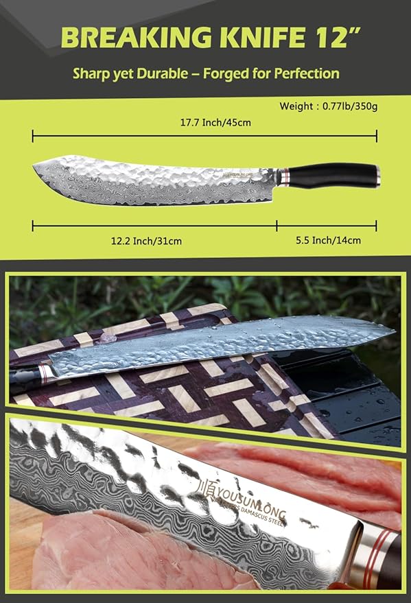 YOUSUNLONG Breaking Knife Max Bull Nose Butcher's knife 12" Japanese 67 Layers Hammered Damascus Steel with Natural Leadwood Handle