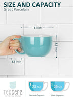 Teocera 24 oz Soup Bowls with Handles, Porcelain Large Coffee Mug Set, Jumbo Mugs, Soup Bowls Mugs set of 4 for Coffee, Oatmeal, Stew - Striped Design, Turquoise