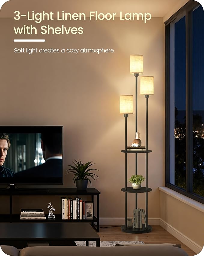 Floor Lamp with Shelves, Modern Floor Lamp with 3 Linen Shades and Foot Switch, 3-Light Standing Lamp, for Living Room, Bedroom, Study, Office, Black and Beige E53LD05