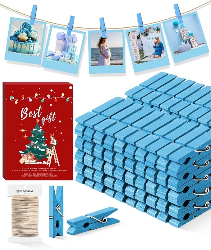 Clothes Pins Mini Clothespins Blue - 100 PCS Wooden Paper Photo Clips Tiny Colored Small Clothespins for Pictures with Jute Twine, Ideal for Baby Shower, Crafts, Home Office Decoration