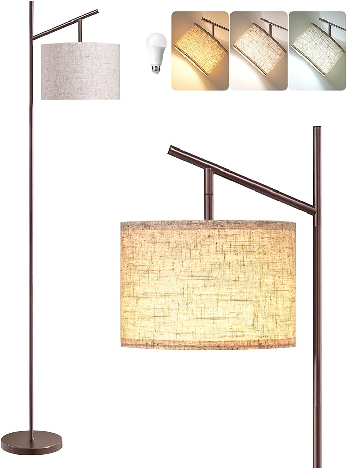 EDISHINE 64.7" Modern Minimalist Floor Lamps for Living Room with 3 Color Temperatures Bulb & Adjustable Linen Shade, Foot Pedal Switch, Tall Standing Lamp for Bedroom Office, Brown