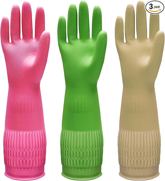 Bamllum 3 Pairs of Rubber Dishwashing Gloves for Kitchen and Household Cleaning – Long Cuff 15", Reusable, Flexible Long-lasting and Non-Slip (Red+Yellow+Green, X-Large)