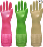 Bamllum 3 Pairs of Rubber Dishwashing Gloves for Kitchen and Household Cleaning – Long Cuff 15", Reusable, Flexible Long-lasting and Non-Slip (Red+Yellow+Green, Large)