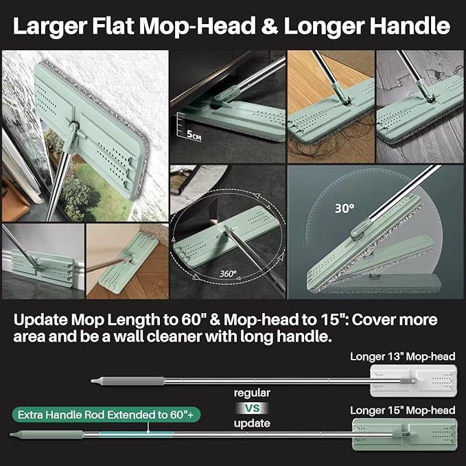 JOYMOOP Flat Mop, Microfiber Mops for Floor Cleaning and Long Handle Wall Cleaner, 60" Mop Handle with Flexible 15" Flat Head with a Microfiber Mop Pad - Green