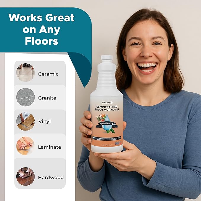 Steam & Go Demineralized Water for Steam Cleaner - PVC-Free Floor Cleaning Solution Compatible for All Steam Mops - Multi-Surface Cleaner for Home Surfaces - Tropical Bloom Scent, 32 oz (Pack of 12)
