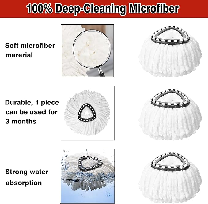 3 Pack White Spin Mop Replacement Heads, Mop Head Replacement 100% Microfiber, Deep Cleaning, Spin Mop Refill Replacement Head Compatible with 1-Tank System