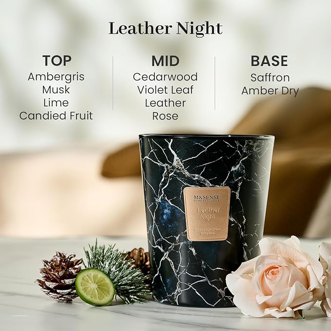 M&SENSE LeatherNight Scented Candles for Home, 3-Wick Highly Scented Jar Candles, Extra Large Candle 35 Oz 150 Hours Long Lasting Burning, Relaxing Aromatherapy Candle for Stress Relief, Meditation