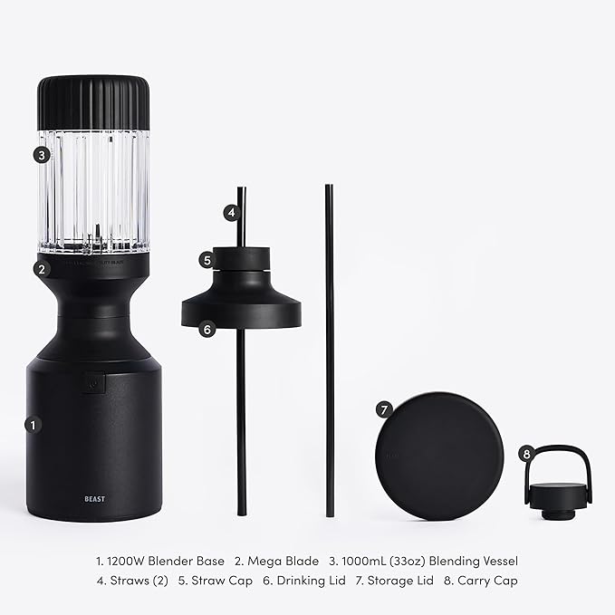 Beast Mega 1200 | Premium Countertop Blender | Smoothies, Shakes, Sauces, Dips, Soups | Blends Ice and Frozen Fruit | Includes Extra Lids and Straw System | 1200W | (Carbon Black, 120V)