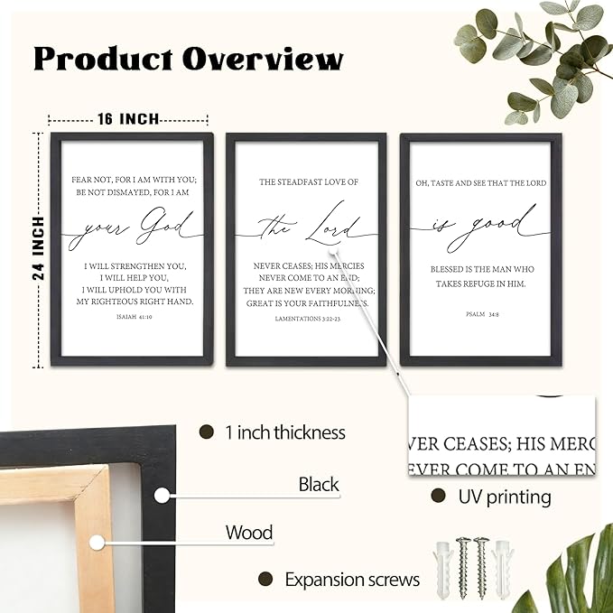 FZMHASLWW The Lord Your God Is Good Sign Bible Verses Wall Decor 24"X16" Set of 3 Christian Scripture Prayer Inspirational Motivational Quotes Family Framed Wall Art (Black)