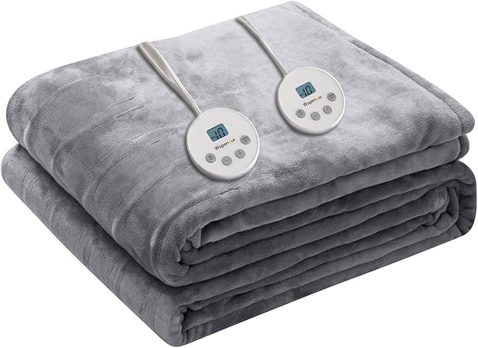 Wapaneus Heated Blanket Electric King Size 90"x100"-Dual Control with 10 Heat Levels 12 Timer Settings and 8 Hours Auto-Shut Off,Fast-Heating Electric Blanket,ETL Listed Machine Washable,Light Grey