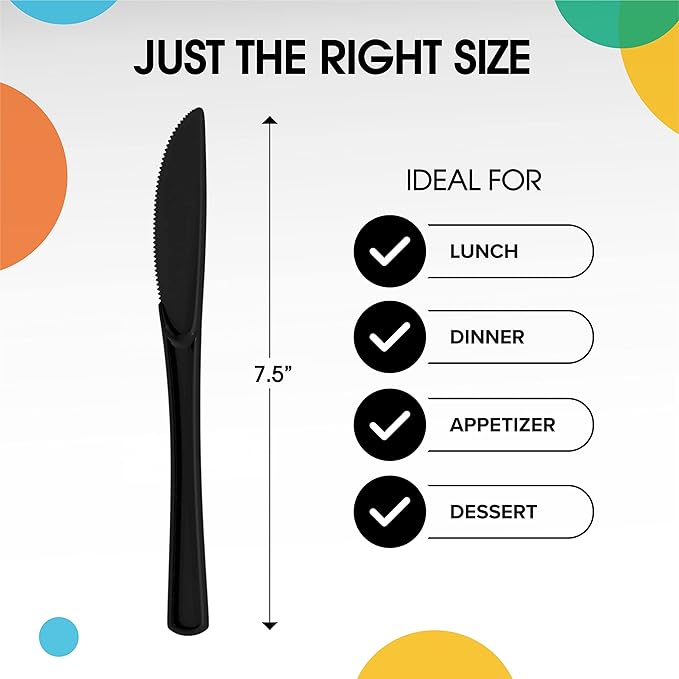 Party Solids Black Plastic Knives 200 Pcs Black Knives Disposable Utensils Heavy Duty Plastic Cutlery Set Disposable Cutlery Sets Flatware Sets Silverware Set Party Supplies & Party Tableware