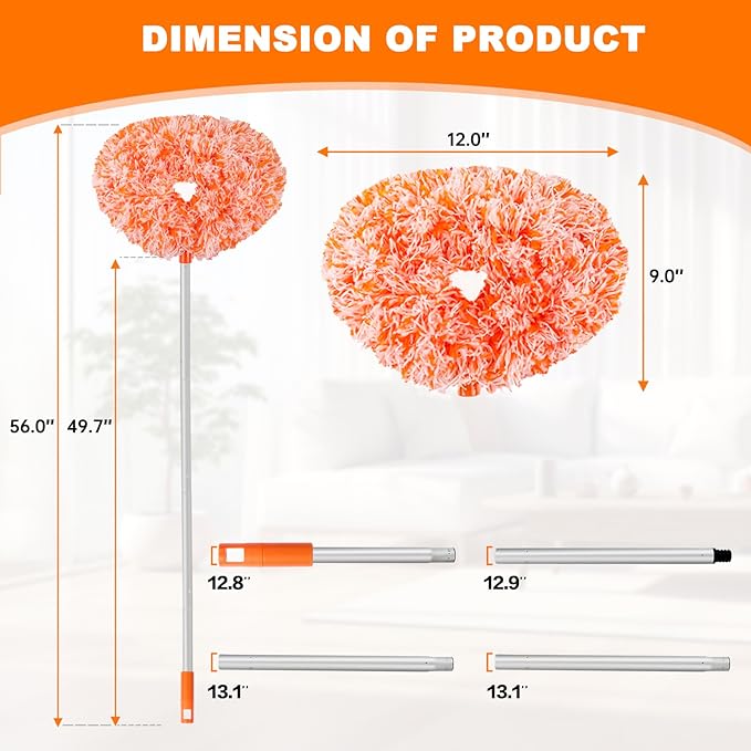 Ceiling Fan Cleaner Duster Reusable Microfiber Ceiling Fan Blade Cleaner Removable Duster with Extension Pole Adjusts 13 to 49.7 Inch for Cleaning Walls Furniture Door Window Top (Orange White)