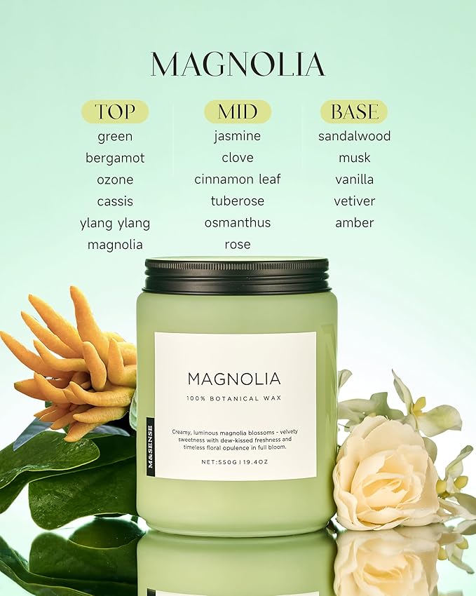 M&SENSE Magnolia Jasmine Romantic Scented Candle, 19.4oz 110 Hours Long Lasting Clean Non Toxic All Natural Soy Wax Candle for Relaxing & Stress Relief, 2 Wick Home Fragrance Gifts for Home Decor