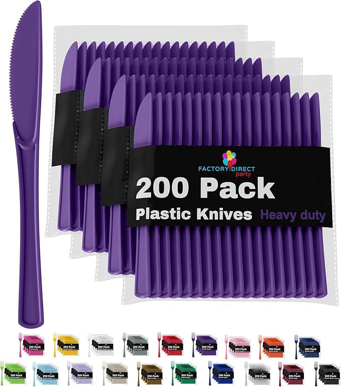 Party Solids Purple Plastic Knives 200 Pcs Purple Knives Disposable Utensils Heavy Duty Plastic Cutlery Set Disposable Cutlery Sets Flatware Sets Silverware Set Party Supplies & Party Tableware