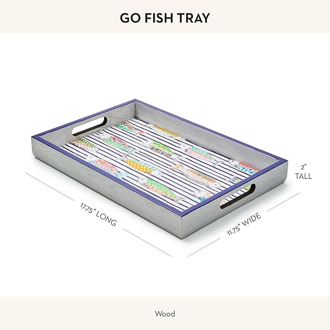 MACKENZIE-CHILDS Wooden Tray with Handles, Rectangular Tray for Serving, Go Fish