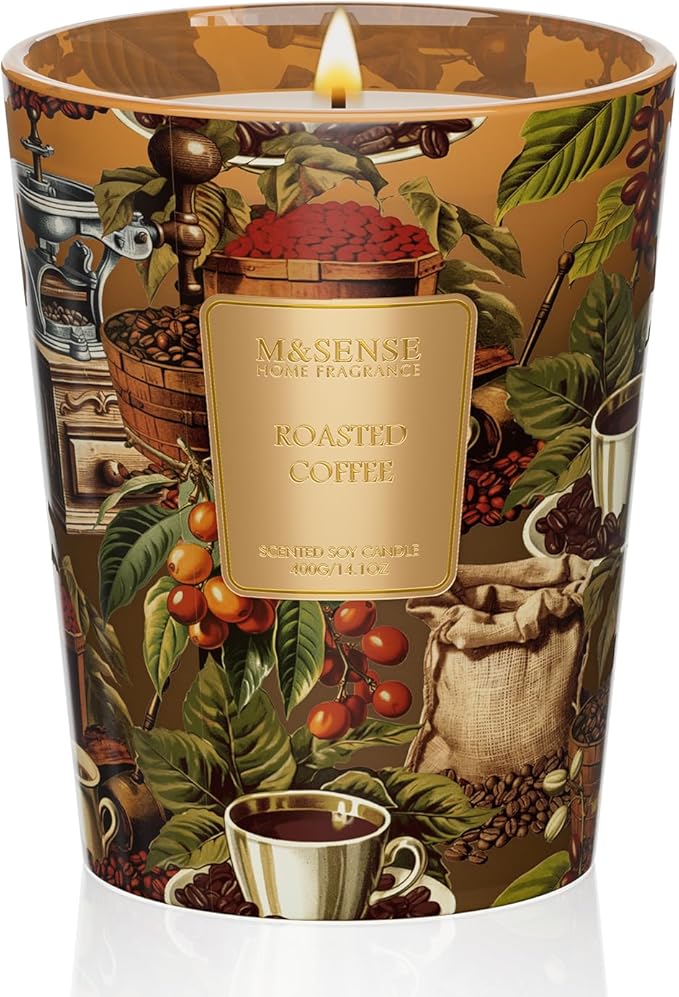 M&SENSE Roasted Coffee Scented Candle, Soy Natural Wax Candles, 14.1oz 60H Burn Time Slow Burning, Stress Relief Home Fragrance Housewarming Gifts