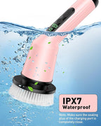Electric Spin Scrubber for Cleaning Bathroom, Shower Scrubber Cordless Cleaning Brush with IPX7 Waterproof & 2 Speed, 3 Brush Heads, Bathroom Cleaning Supplies for Shower Tub Kitchen Tile Toilet Pink