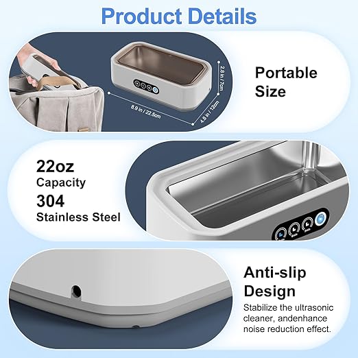 Ultrasonic Jewelry Cleaner,49KHz Ultrasonic Jewelry,Glasses,Rings,Watch Bands Cleaner,3 Modes with Digital Timer,22oz(650ML),304 Stainless Steel Water Tank