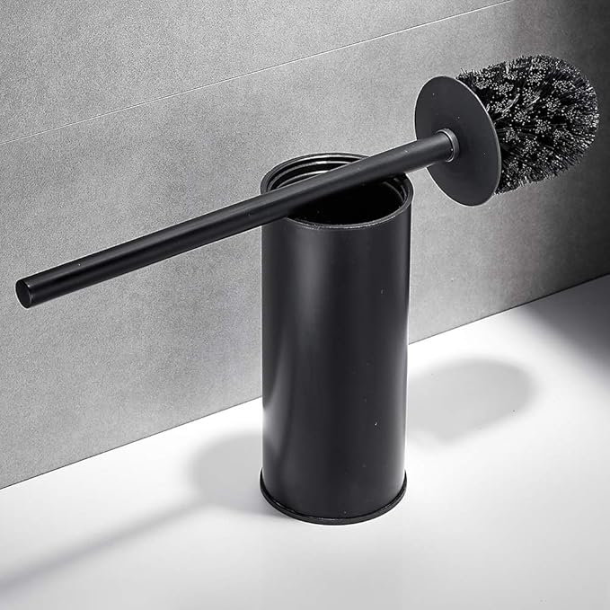Freestanding Toilet Brush Holder for bathrooms 304 Stainless Steel Toilet Brush Stand Round Storage and Organization Rust Resistant 18-inch high Matte Black Finished