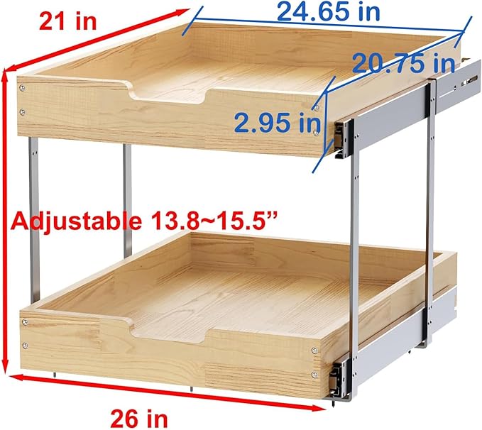 Wood Pull Out Cabinet Organizer 2 Tie 26" W x 21" D, Heavy-Duty Sliding Drawers for Inside Cabinets Storage and Organization for Kitchen, Pantry, Bathroom