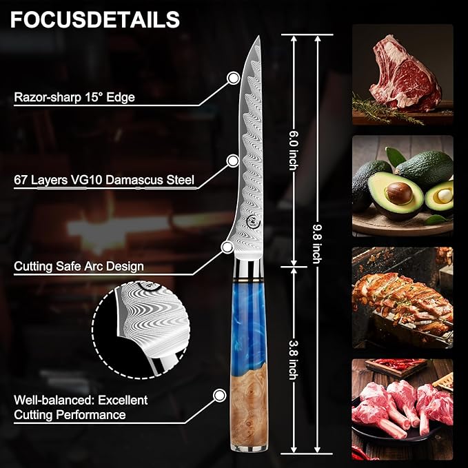 6-Inch Boning Knife, VG10 Damascus Steel Core, Ultra-Sharp Fillet Knife for Fish & Meat Cutting, Ergonomic Blue Resin & Wood Handle, Ideal Gift for Chefs and Cooking Lovers