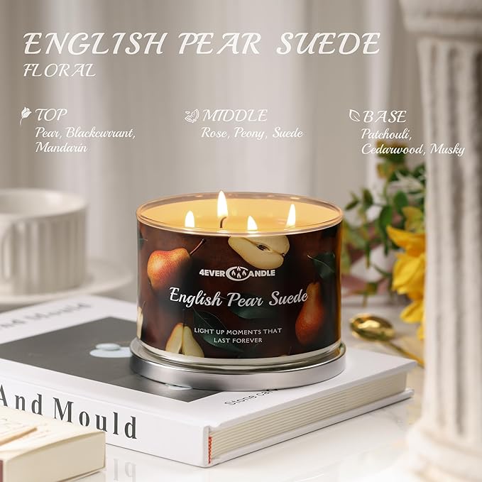 Over 50 Hours Jar Candle - 4-Wick Long-Lasting Scented Candles, 18oz Natural Soy Wax Candle for Home, Candle Gifts for Women & Men, English Pear Suede