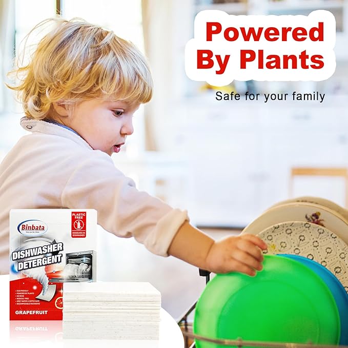 Eco Dishwasher Detergent Sheets Up To 160 Loads, Grapefruit Scent Plastic Free Dishwashing Soap Strips With High Efficient Solid Enzyme, Leaving Dishes Sparkling Clean