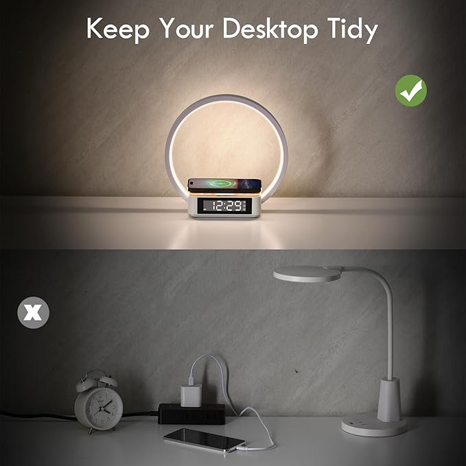 WILIT Bedside Lamp with Alarm Clock,Touch Lamp with Wireless Charger,Nightlight for Bedroom,Sunrise Wake-up Light,3-Grade Dimmable,Birthday Gifts for Her,Women,Men,Mom,Daughter,Girlfriend(Wood Grain)