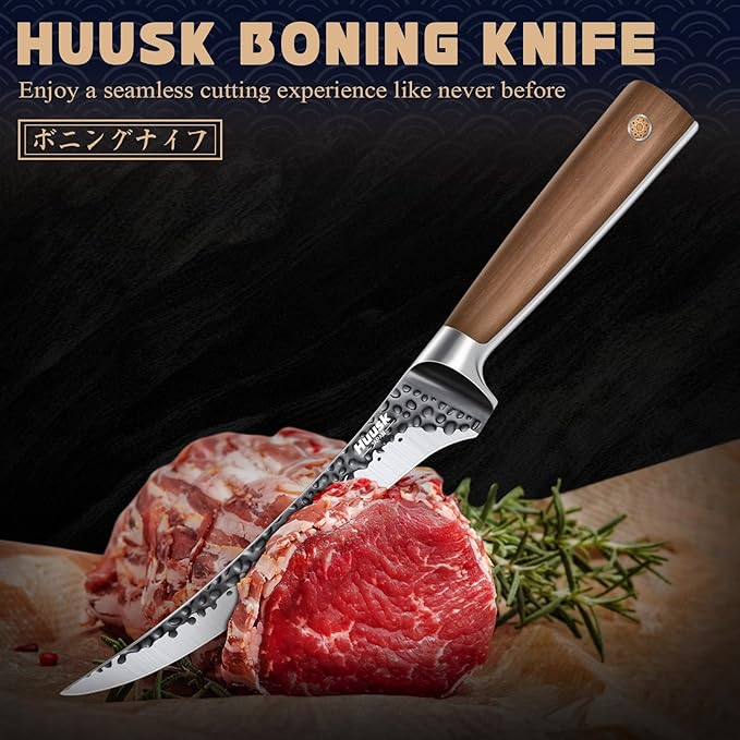 Huusk Boning Knife 6 Inch Fillet Knife for Meat Brisket Trimming Knife Japan Hand Forged Deboning Knives Full Tang Meat Cutting Butcher Knife for Kitchen Cooking BBQ