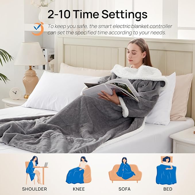 Westinghouse Electric Snuggle Throw Blankets with Foot Pocket, Wearable Heated Blanket with Sleeves, 6 Heating Levels & 2 to 10 Hours Heating Time Settings, 50 * 70"+18", Light Grey